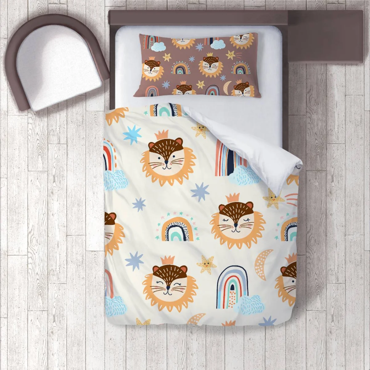 Orman Hayvanları Nevresim Takımı | Beyaz gökkuşağı, yıldız Desenli