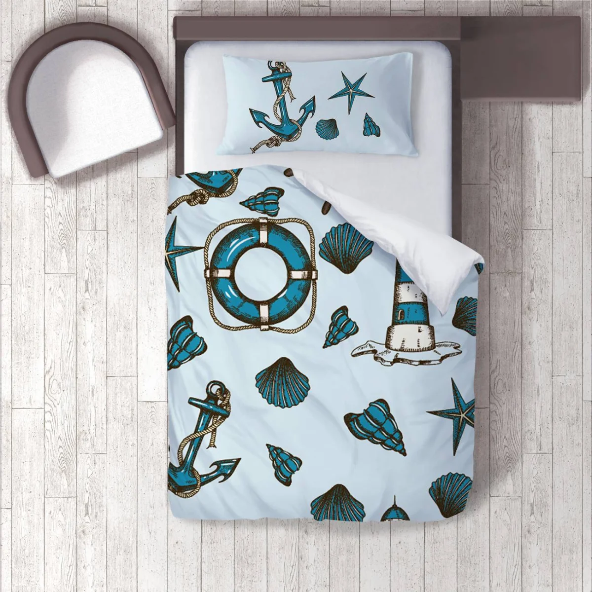 Denizcilik Nevresim Takımı | Mavi Çapa, can simidi Desenli