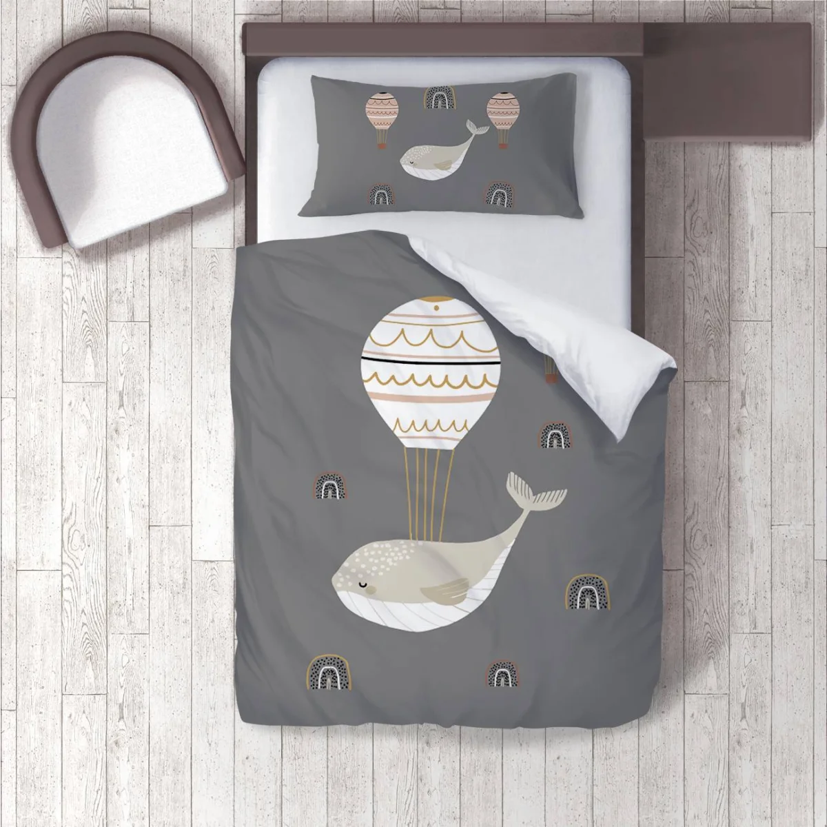 Balina ve Sıcak Hava Balonu Nevresim Takımı | Gri gökkuşağı, sıcak hava balonu Desenli