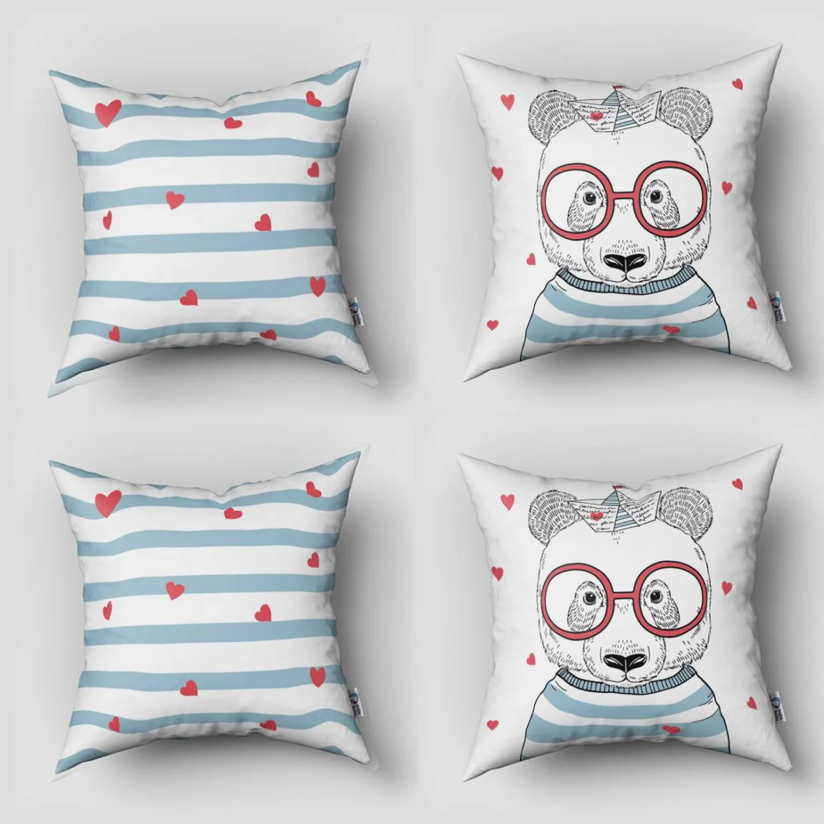 Panda 4lü Kırlent | Beyaz kırmızı kalpler, çizgili tişört Desenli