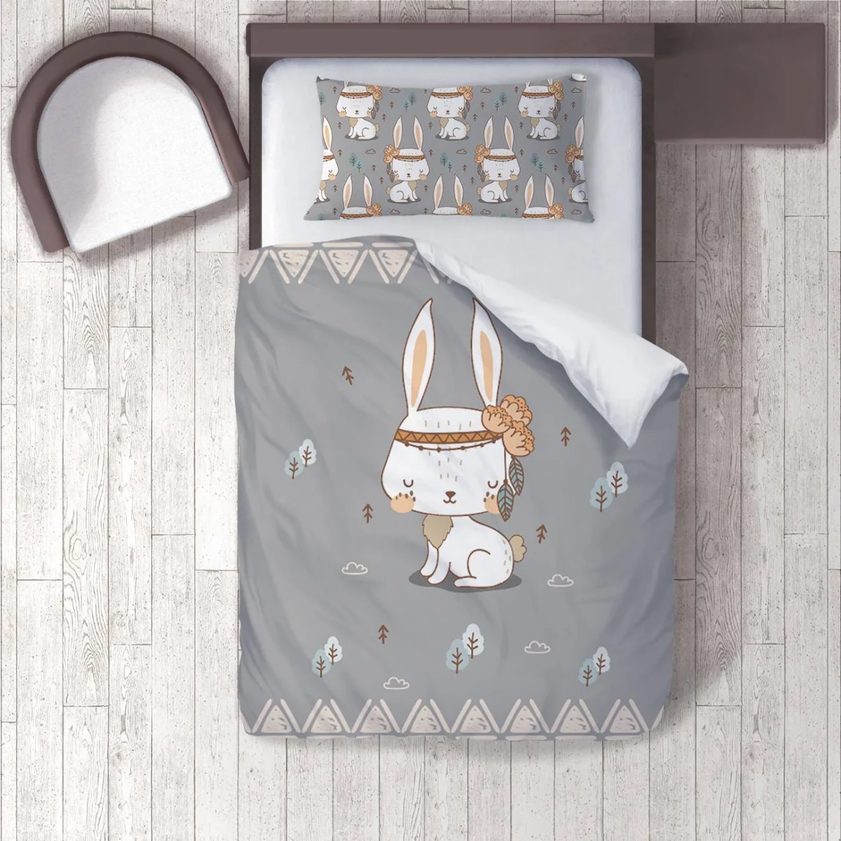 Orman Hayvanları/Tavşan Nevresim Takımı | Gri Oklar, ağaçlar Desenli