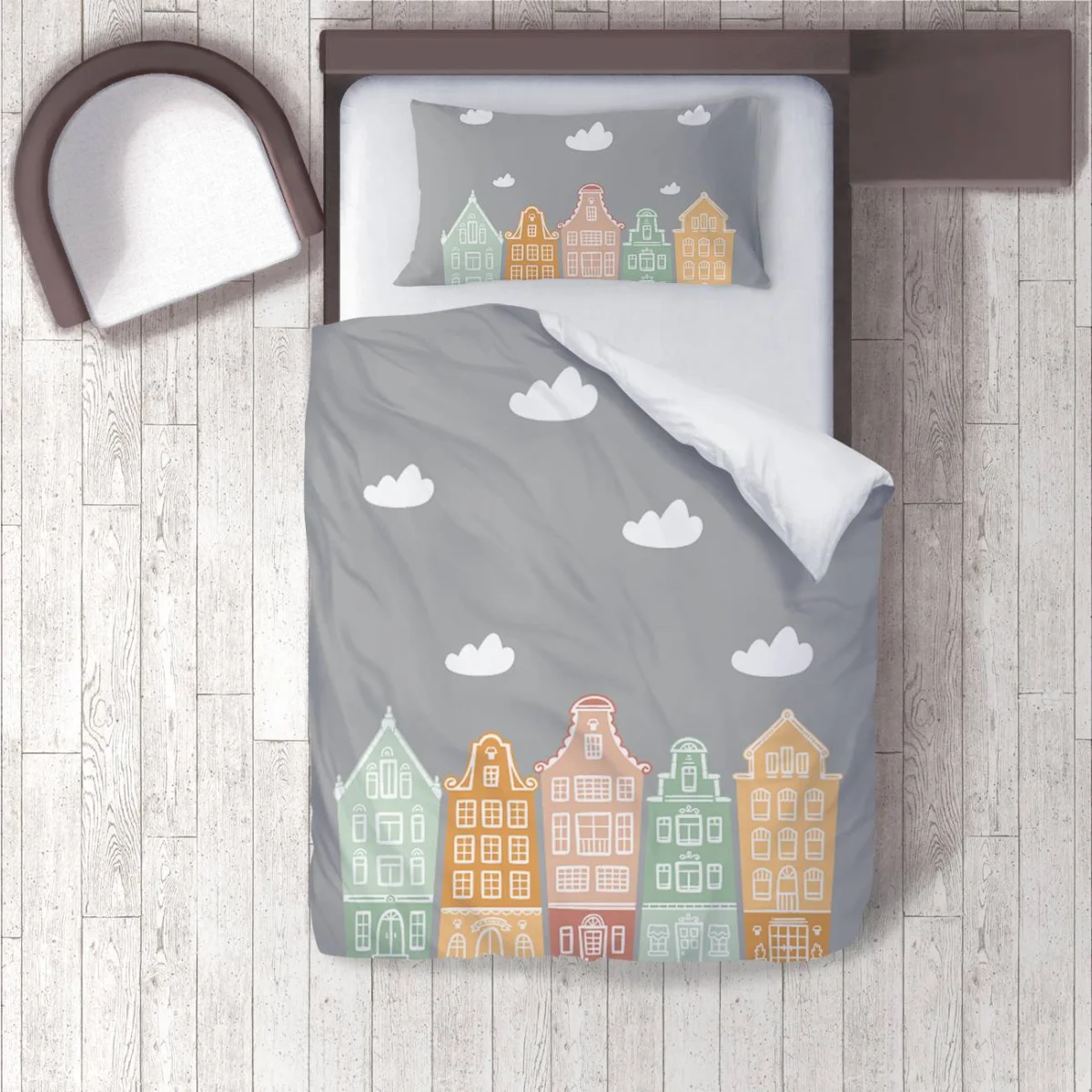 Evler, şehir silüeti Nevresim Takımı | Gri Bulut, renkli evler Desenli