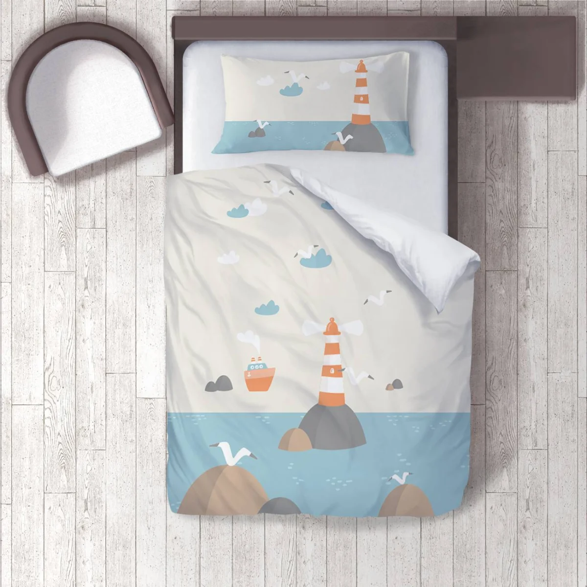 Denizcilik / Deniz kenarı Nevresim Takımı | Krem deniz feneri, gemi Desenli