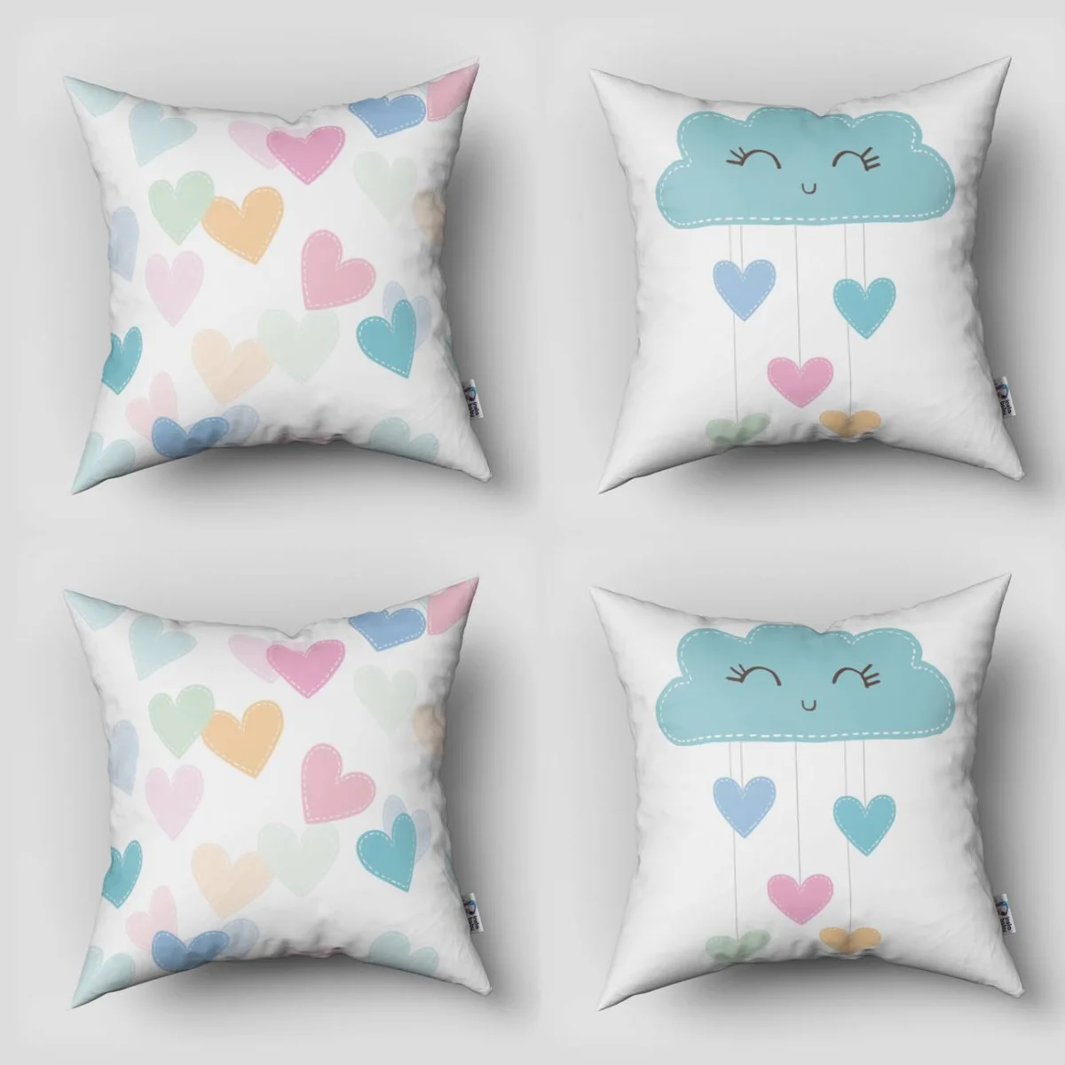 Bulut ve kalpler 4lü Kırlent | Beyaz Gülümseyen bulut, pastel renkli kalpler Desenli