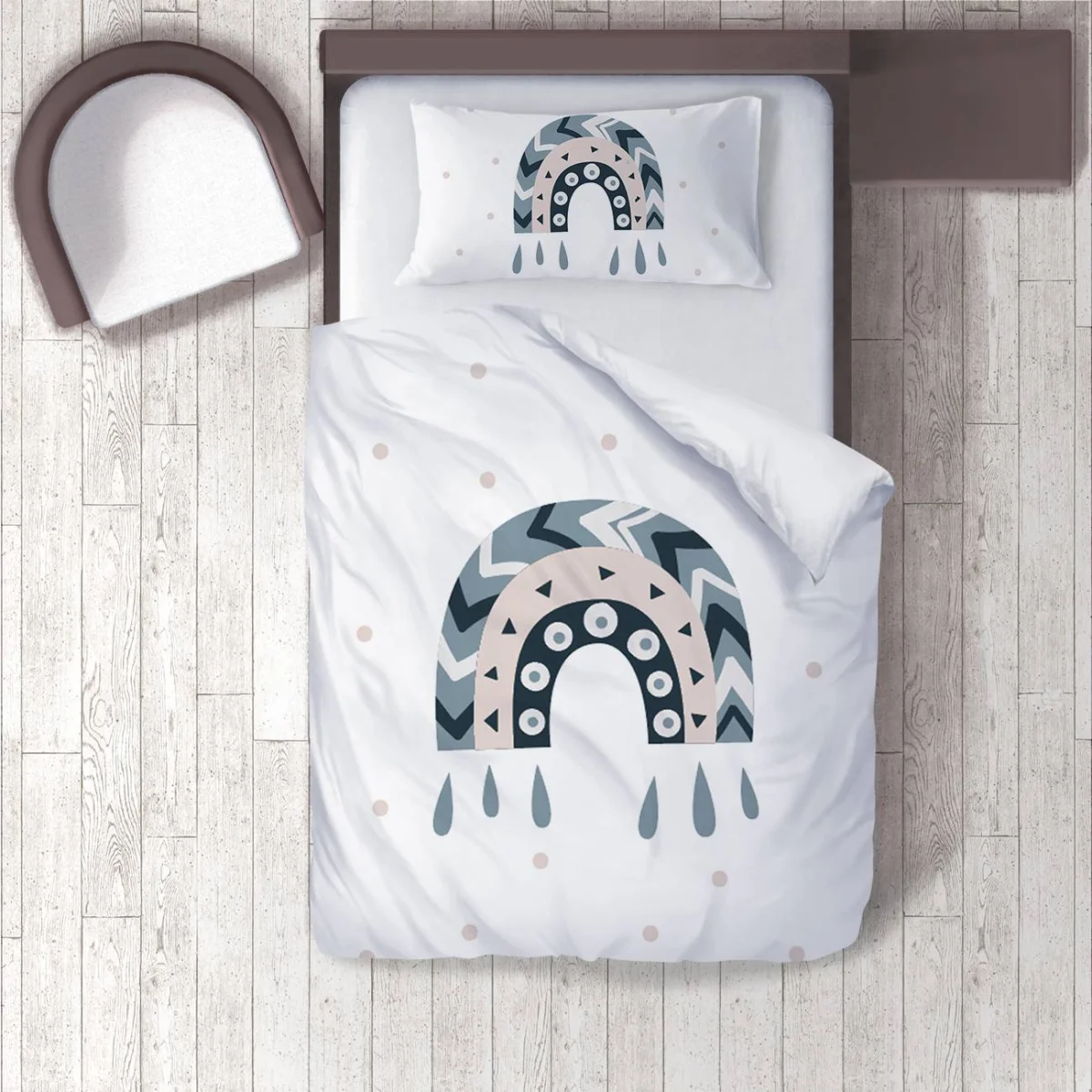 Gökkuşağı Nevresim Takımı | Beyaz Gökkuşağı, geometrik desenler Desenli