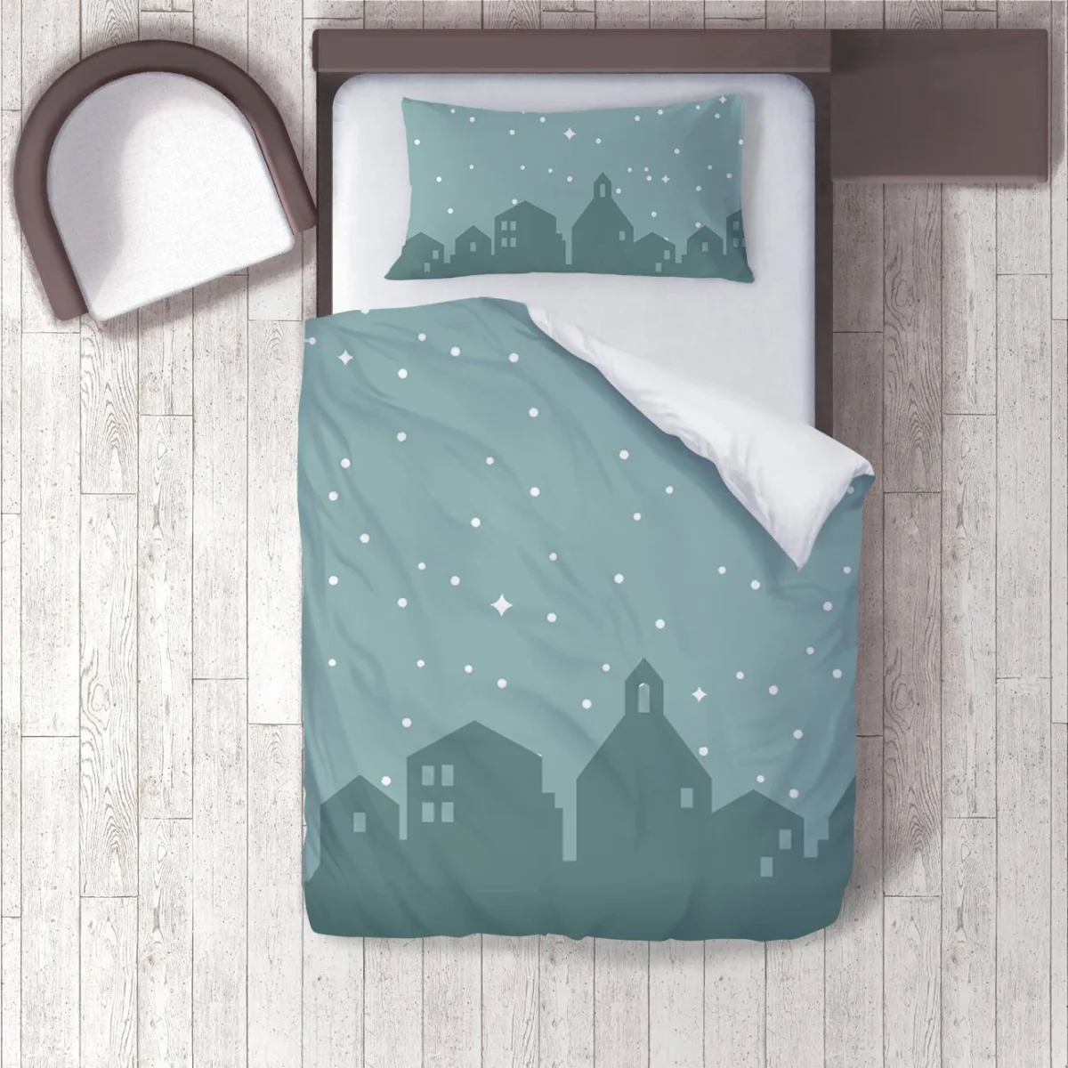 Şehir Silüeti Nevresim Takımı | Mavi-yeşil yıldızlar, noktalar Desenli