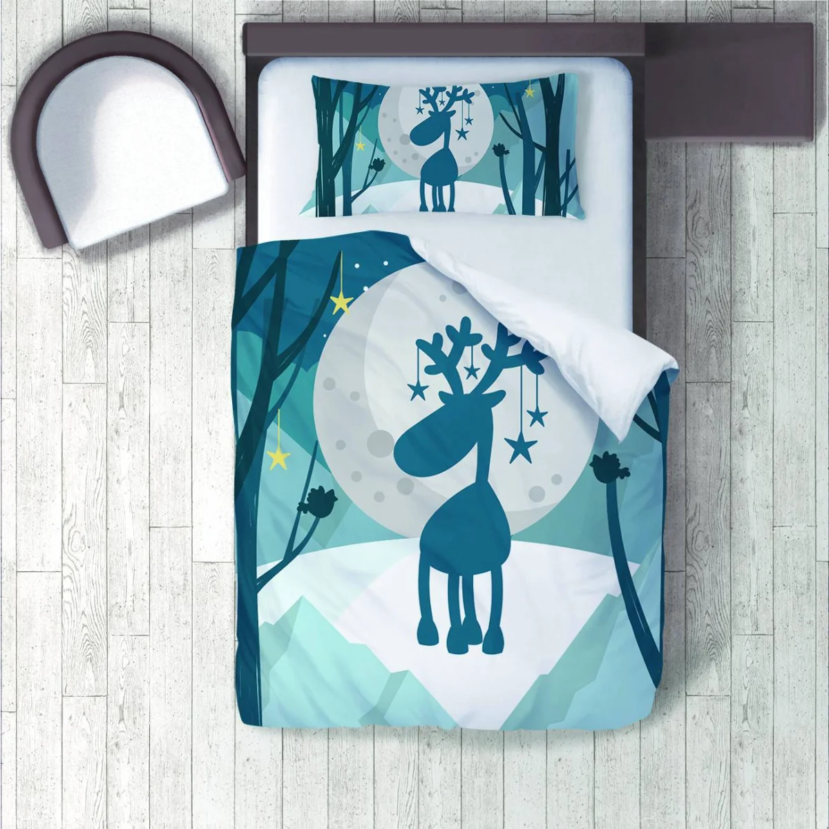 Geyik Nevresim Takımı | Mavi yıldızlar, ay Desenli