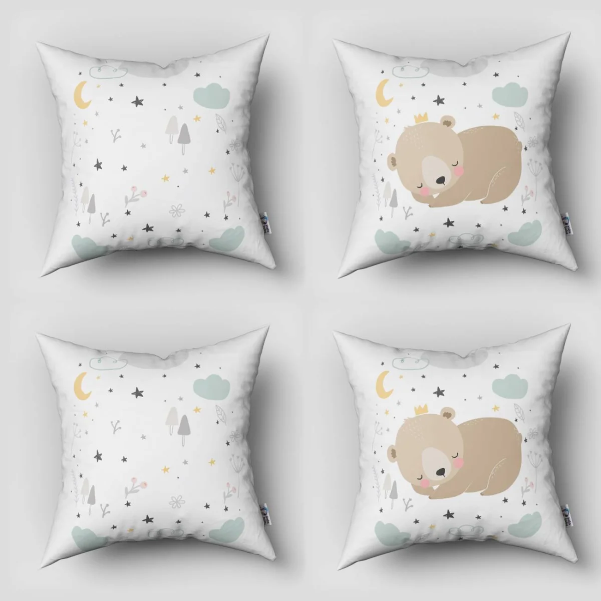 Uyuyan Ayı 4lü Kırlent | Beyaz Ay, yıldızlar Desenli