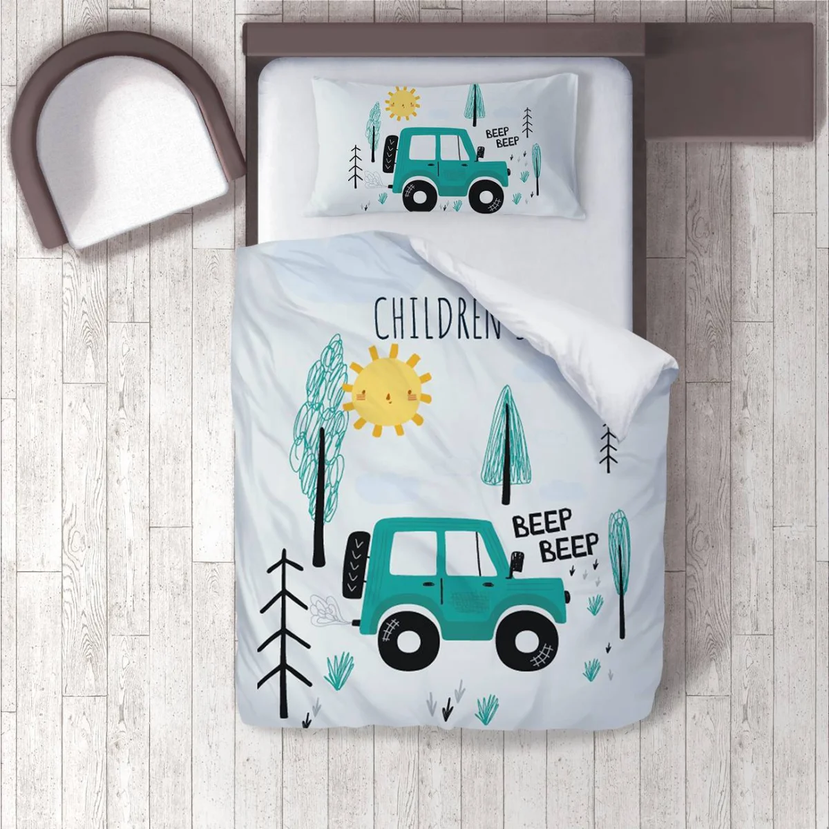 Araç Nevresim Takımı | Beyaz güneş, ağaçlar Desenli