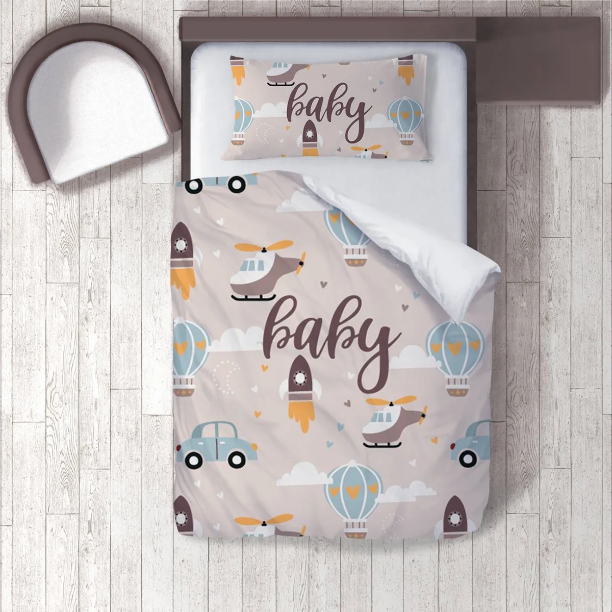 Ulaşım Araçları Nevresim Takımı | Bej roket, helikopter Desenli