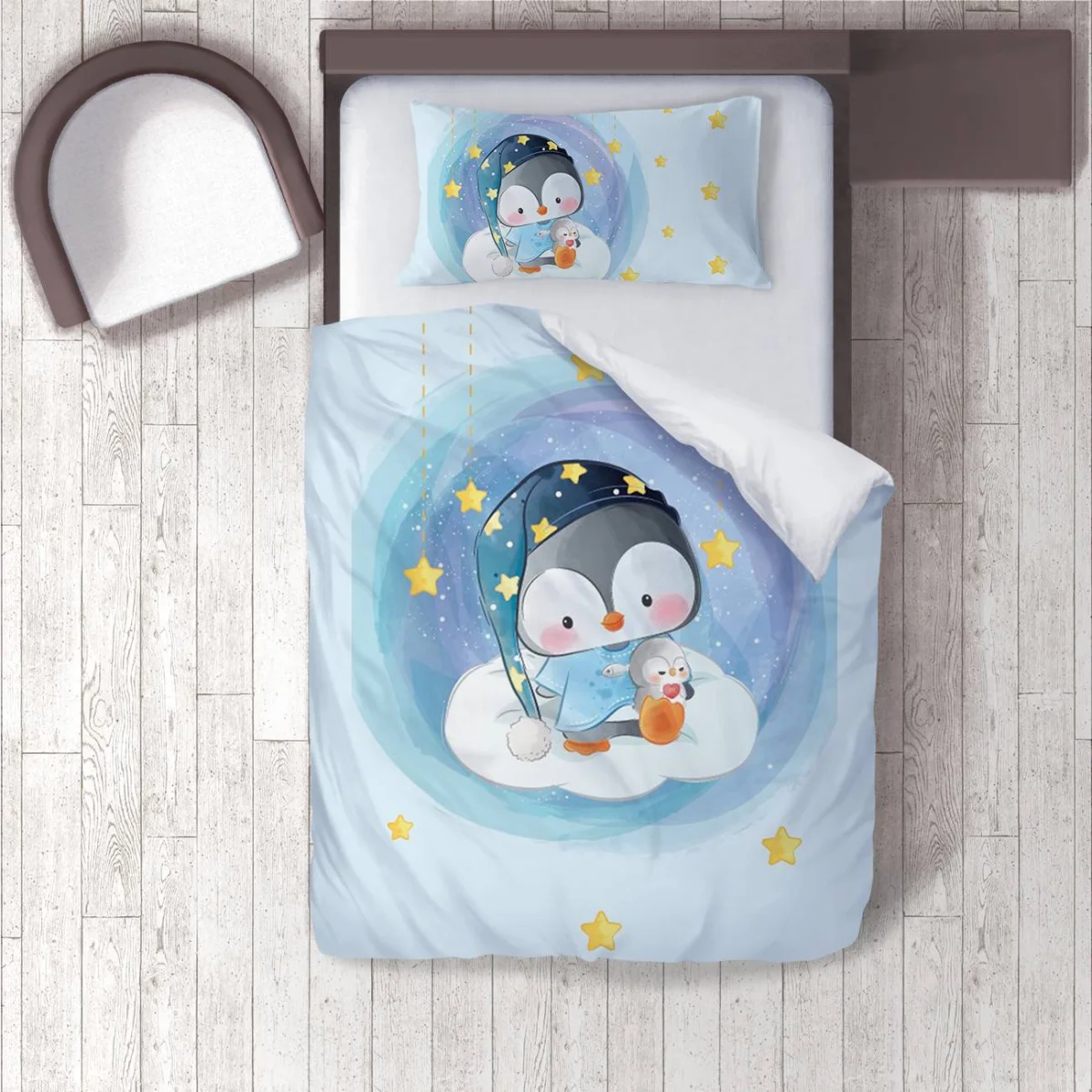 Penguen Nevresim Takımı | Mavi yıldızlar, bulutlar Desenli
