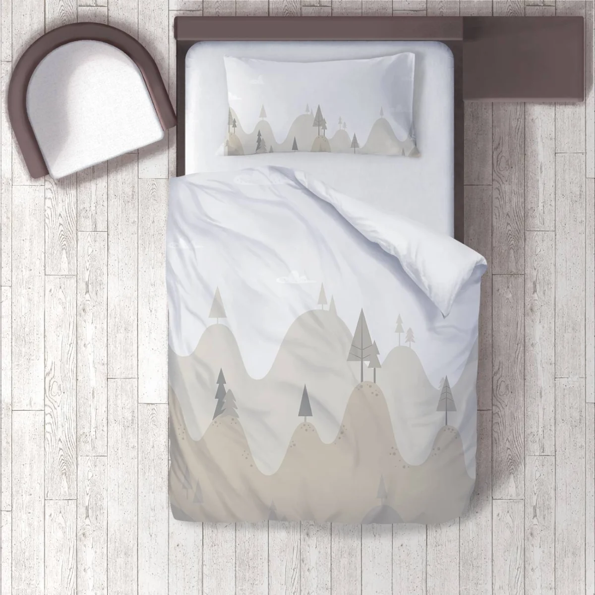 Doğa, Orman, Dağlar Nevresim Takımı | Beyaz tepeler, ağaçlar Desenli