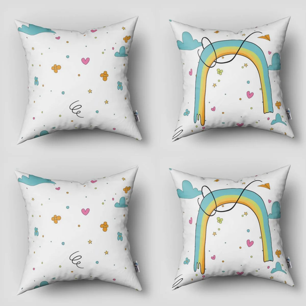 Gökkuşağı 4lü Kırlent | Beyaz bulut, kalp Desenli