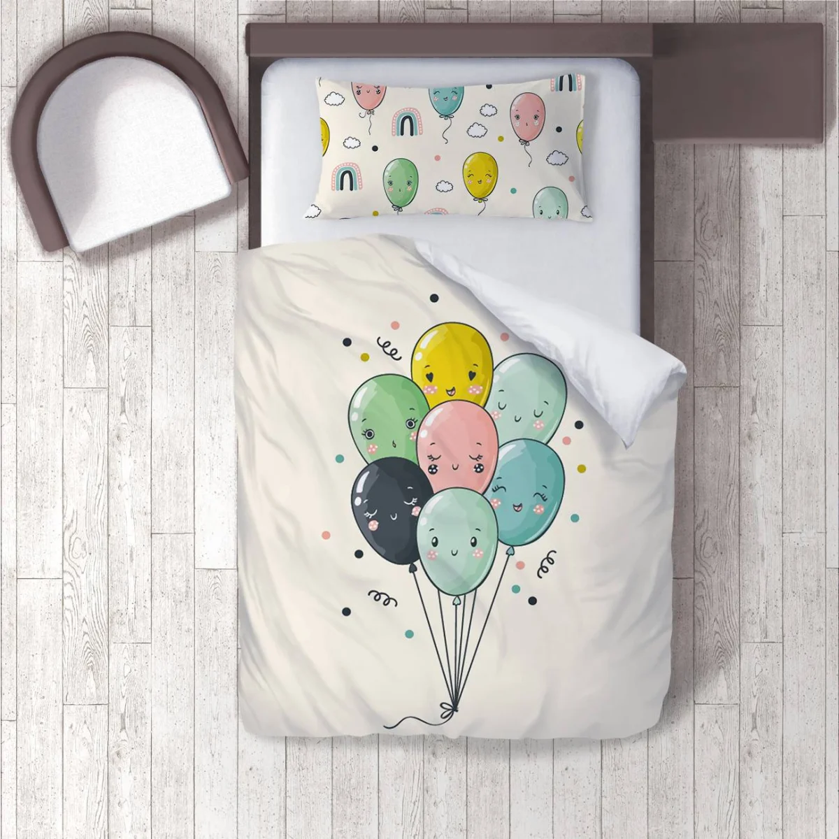 Sevimli Balonlar Nevresim Takımı | Ekru gökkuşağı, bulutlar Desenli