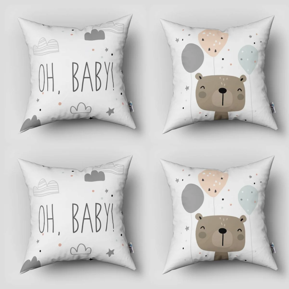 Ayı 4lü Kırlent | Beyaz balonlar, bulutlar Desenli