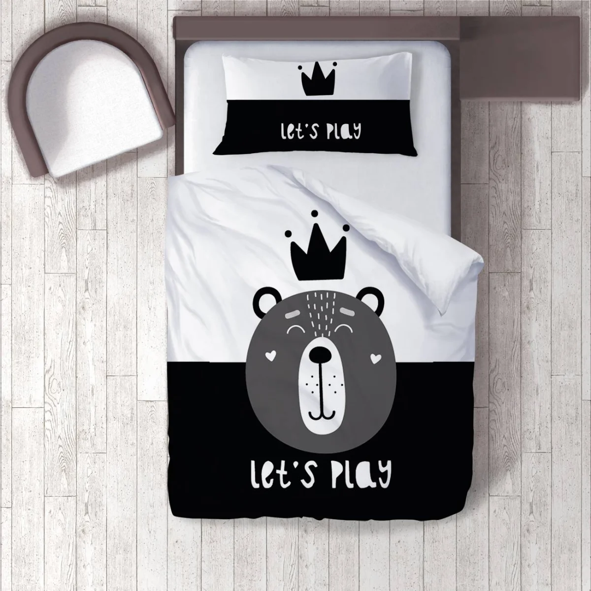 Kral Ayı Nevresim Takımı | Beyaz taç, Let's Play yazısı Desenli