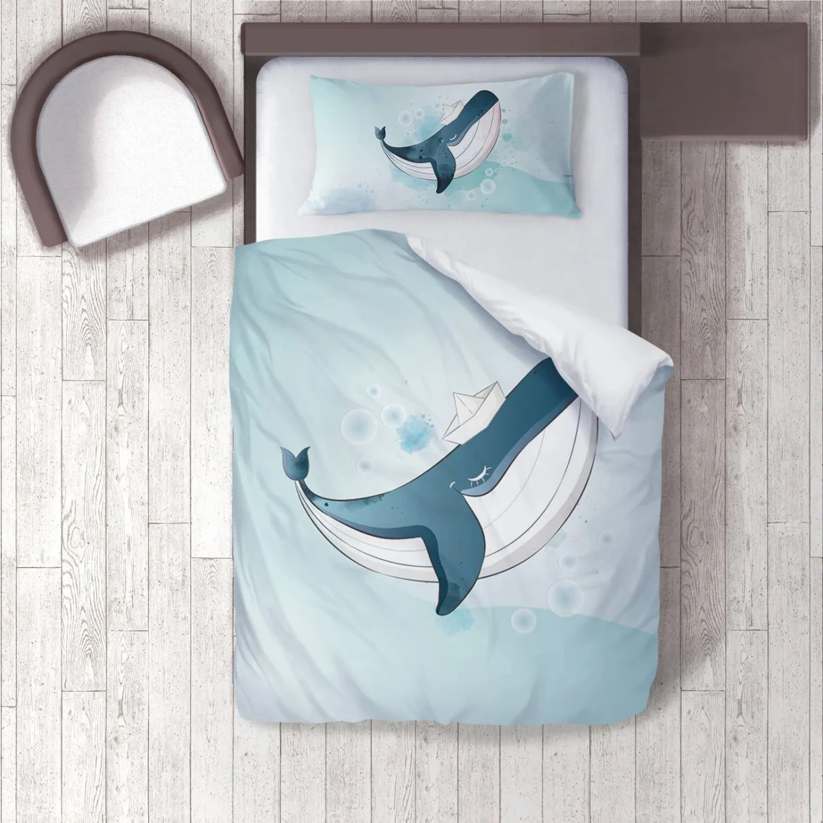 Balina Nevresim Takımı | Açık Mavi Baloncuklar, kağıt gemi Desenli