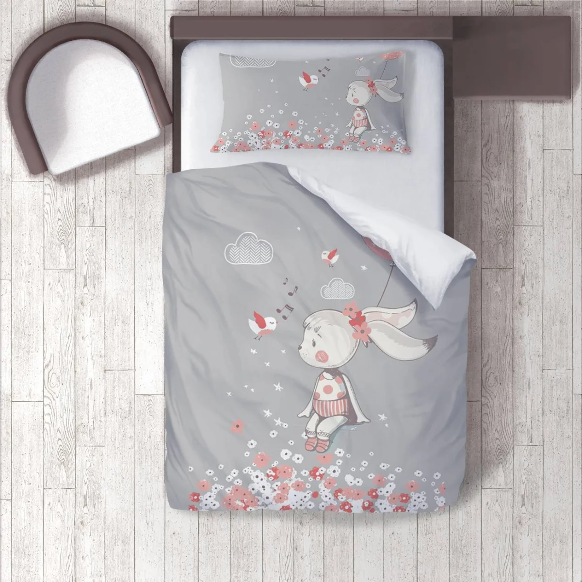 Tavşan ve Kuşlar Nevresim Takımı | Gri Bulut, yıldız Desenli