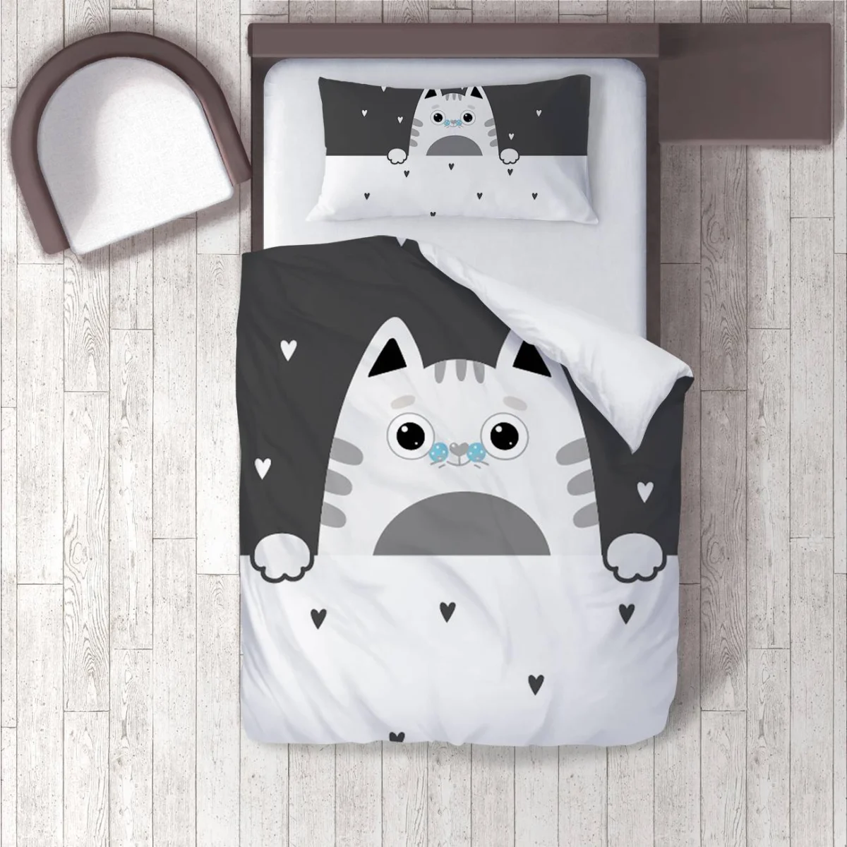 Kedi Nevresim Takımı | Beyaz kalp desenleri, kuşlar Desenli