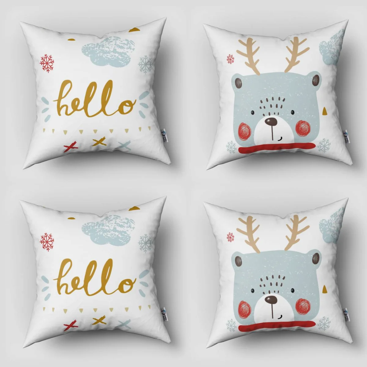 Ayı/Geyik 4lü Kırlent | Beyaz Kar taneleri, bulutlar Desenli