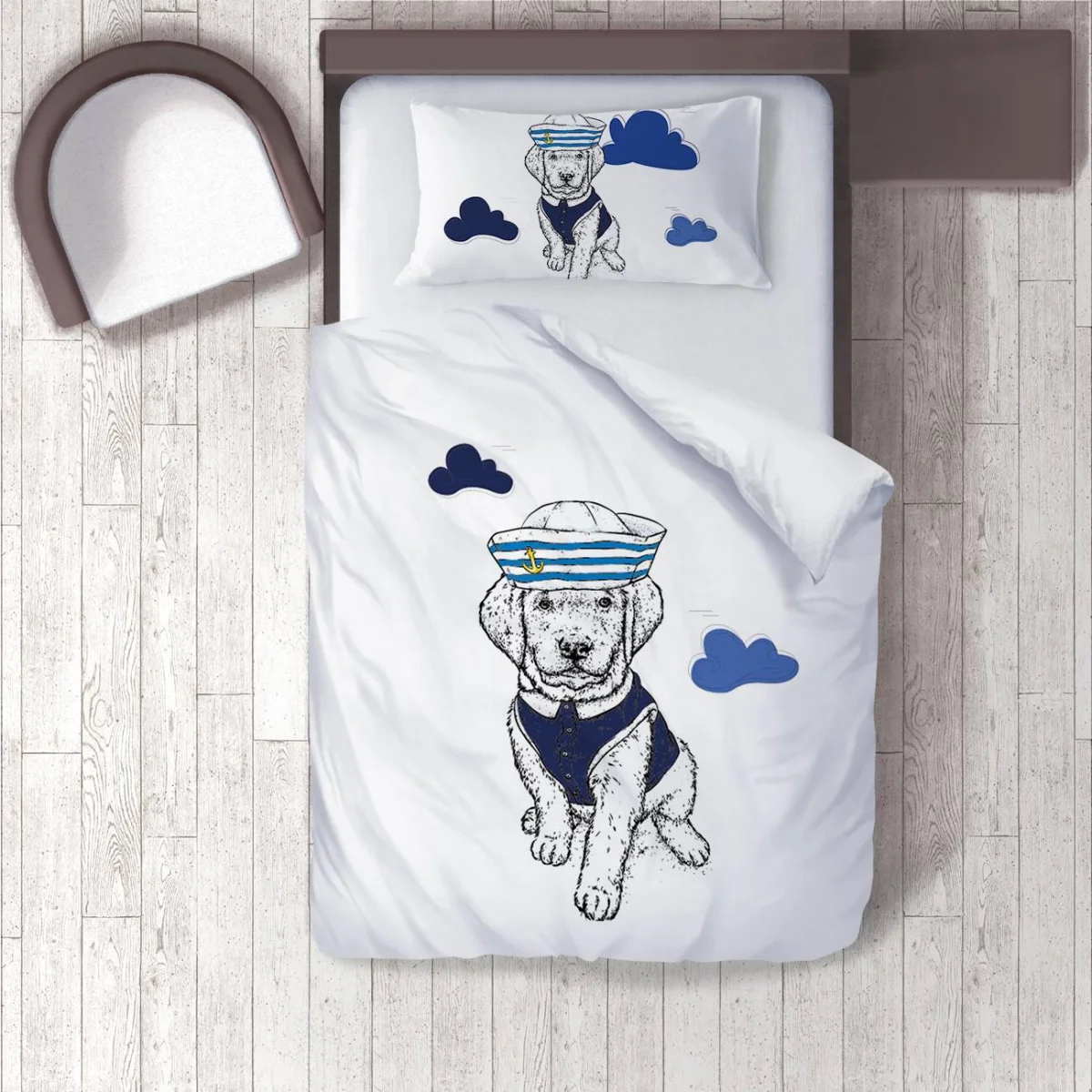 Denizci Yavru Köpek Nevresim Takımı | Beyaz mavi bulutlar, çapa Desenli
