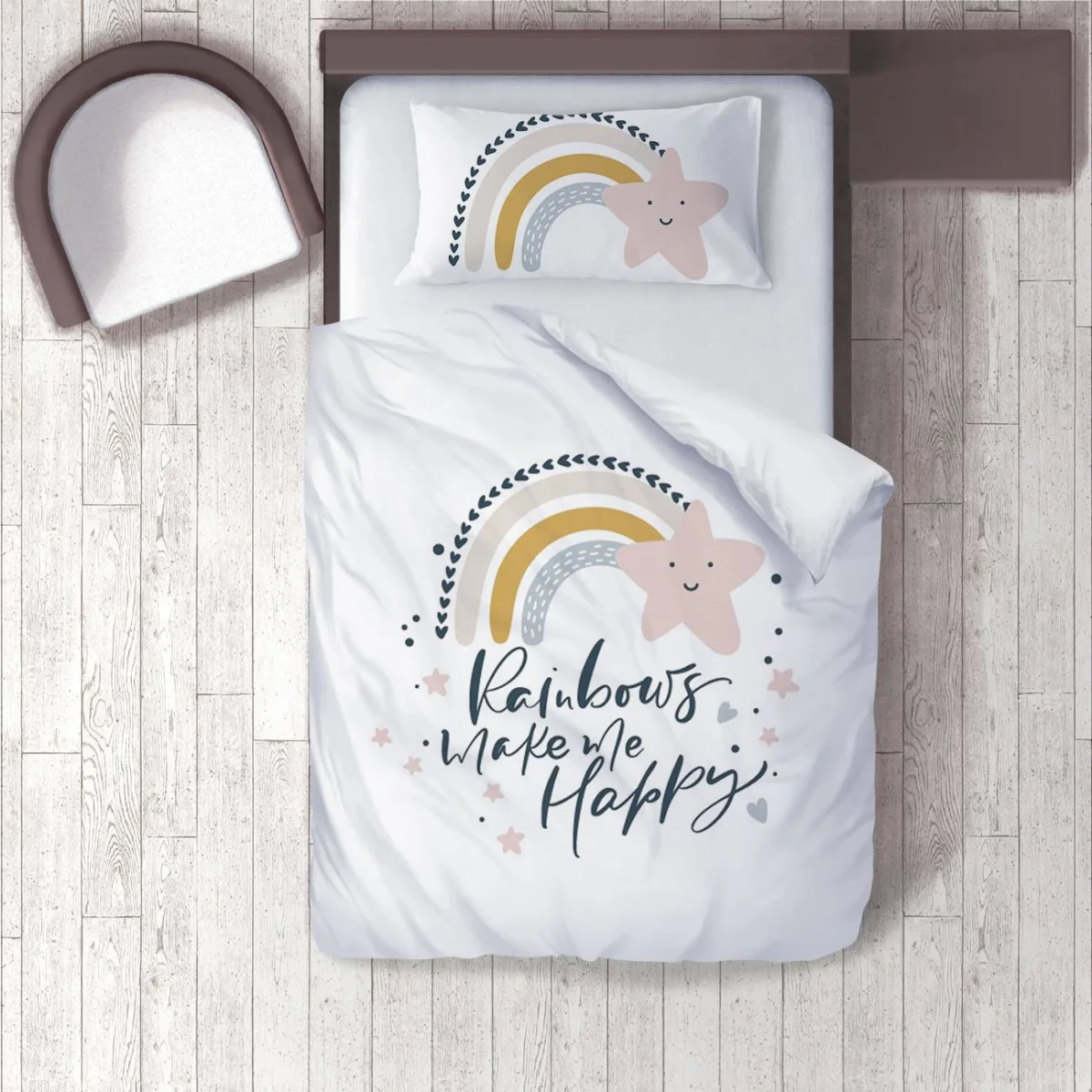 Gökkuşağı ve Yıldızlar Nevresim Takımı | Beyaz gökkuşağı, yıldızlar Desenli