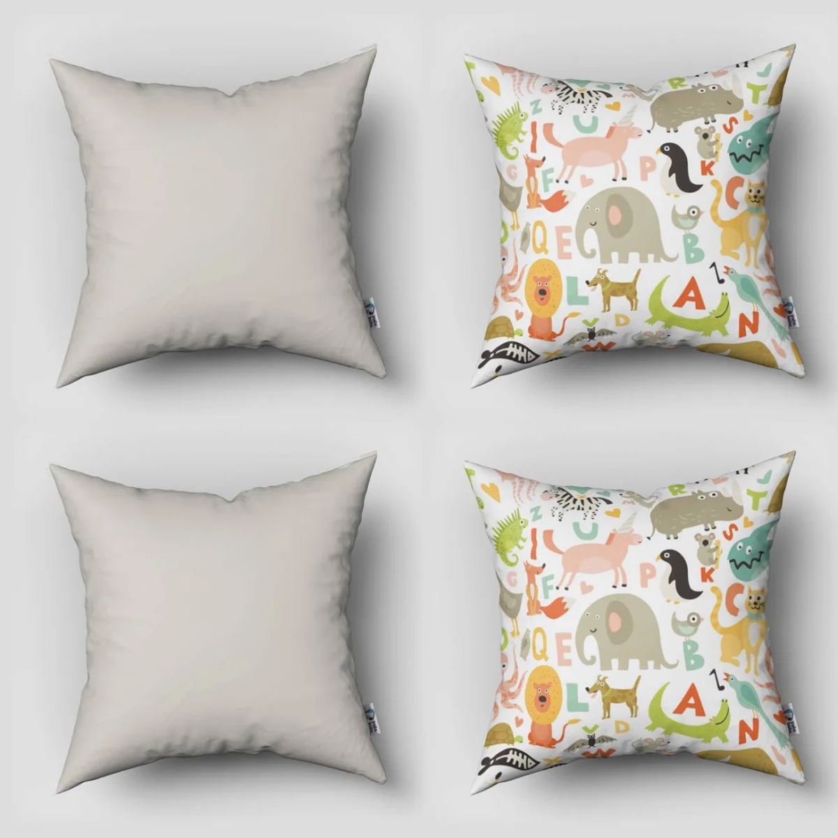 Orman Hayvanları 4lü Kırlent | Beyaz Renkli hayvanlar, alfabe harfleri Desenli