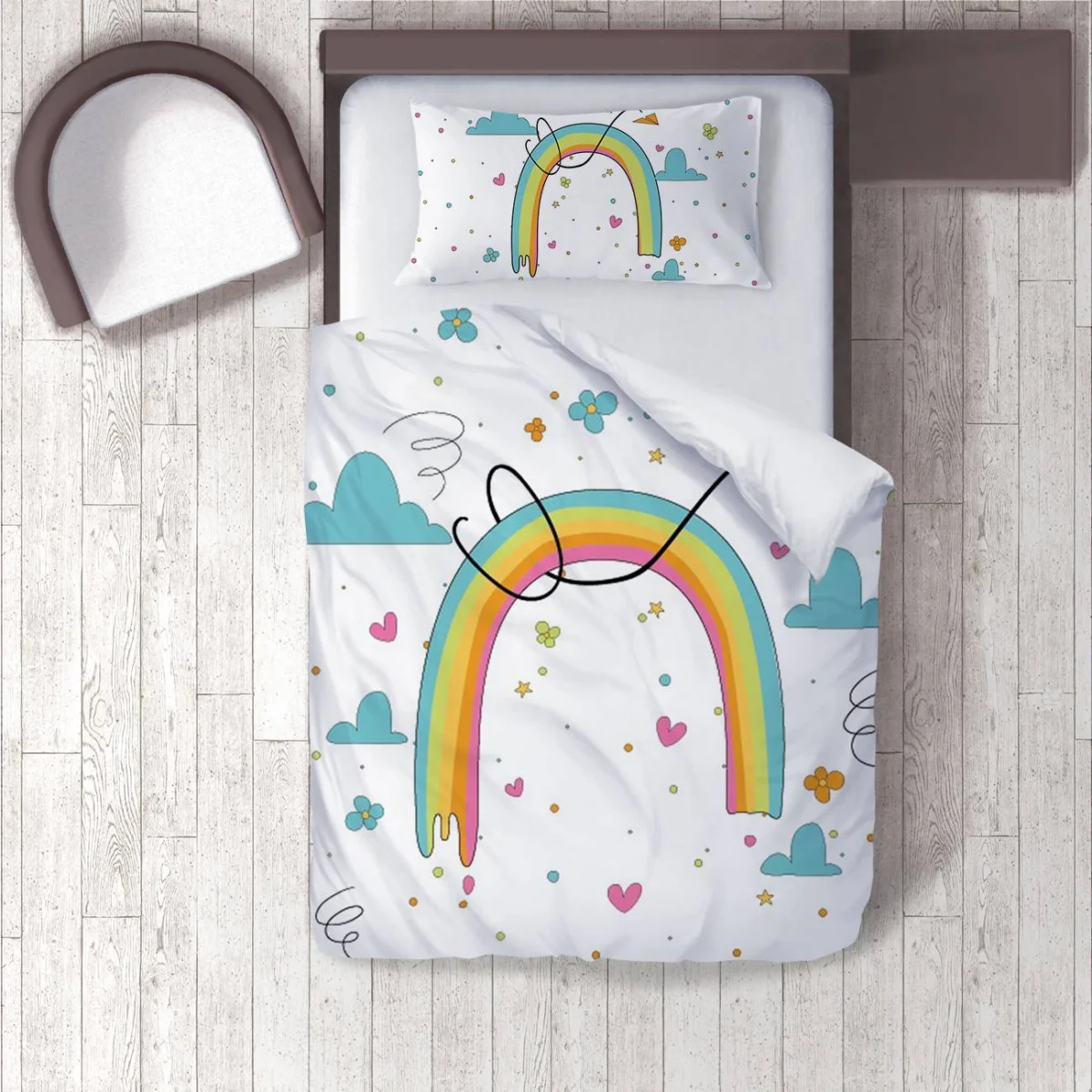 Gökkuşağı Nevresim Takımı | Beyaz bulut, kalp Desenli