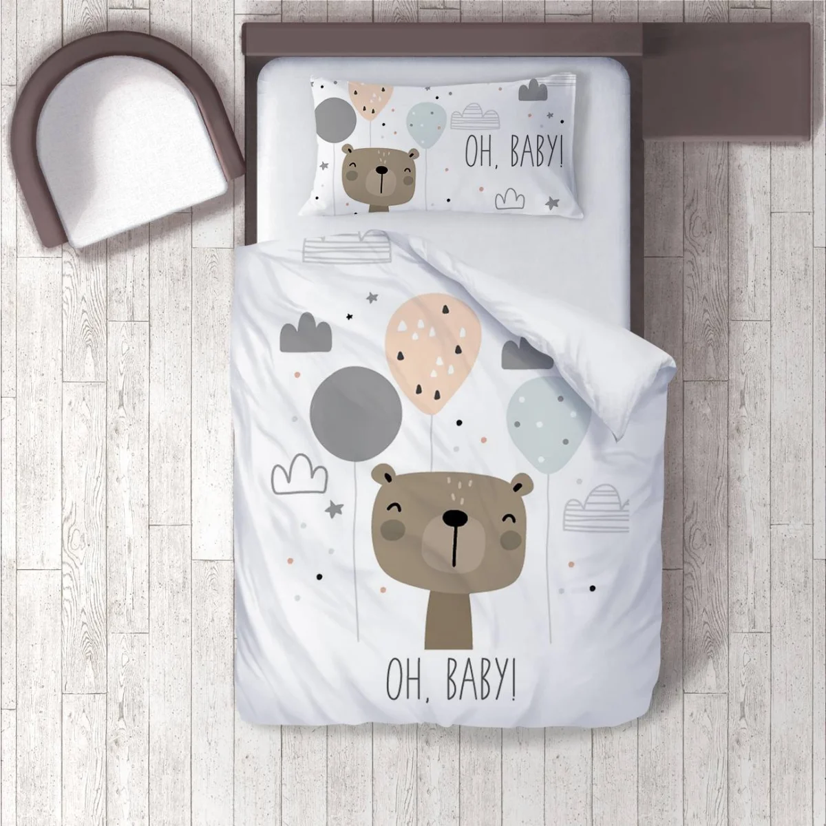 Ayı Nevresim Takımı | Beyaz balonlar, bulutlar Desenli