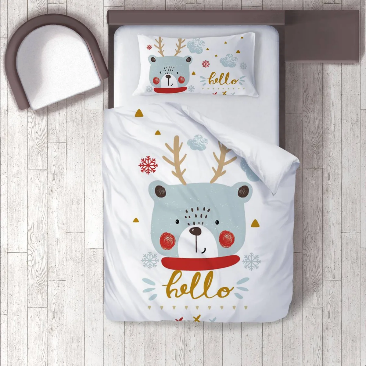 Ayı/Geyik Nevresim Takımı | Beyaz Kar taneleri, bulutlar Desenli