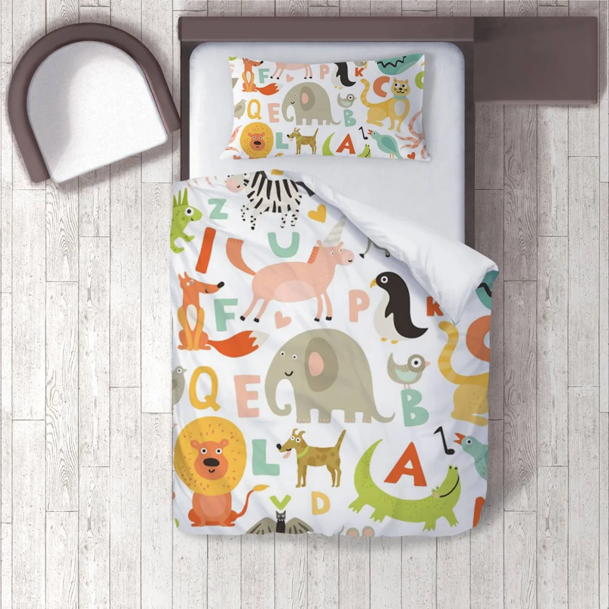 Orman Hayvanları Nevresim Takımı | Beyaz Renkli hayvanlar, alfabe harfleri Desenli