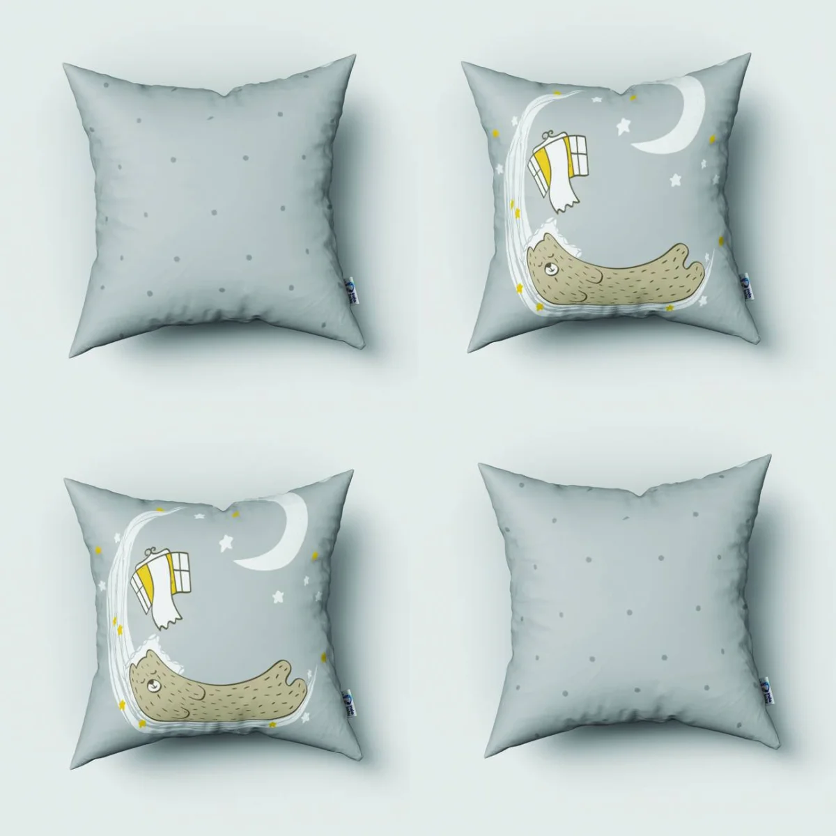 Uyuyan Ayı ve Ay 4lü Kırlent | Gri yıldızlar, ay Desenli