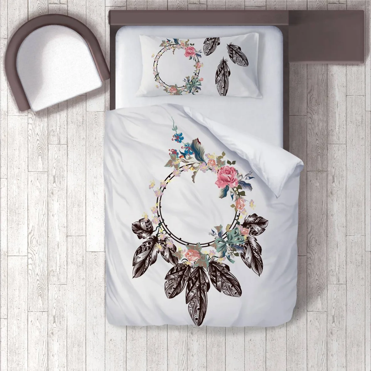 Çiçekli Düş Kapanı Nevresim Takımı | Beyaz Çiçekler, yapraklar Desenli