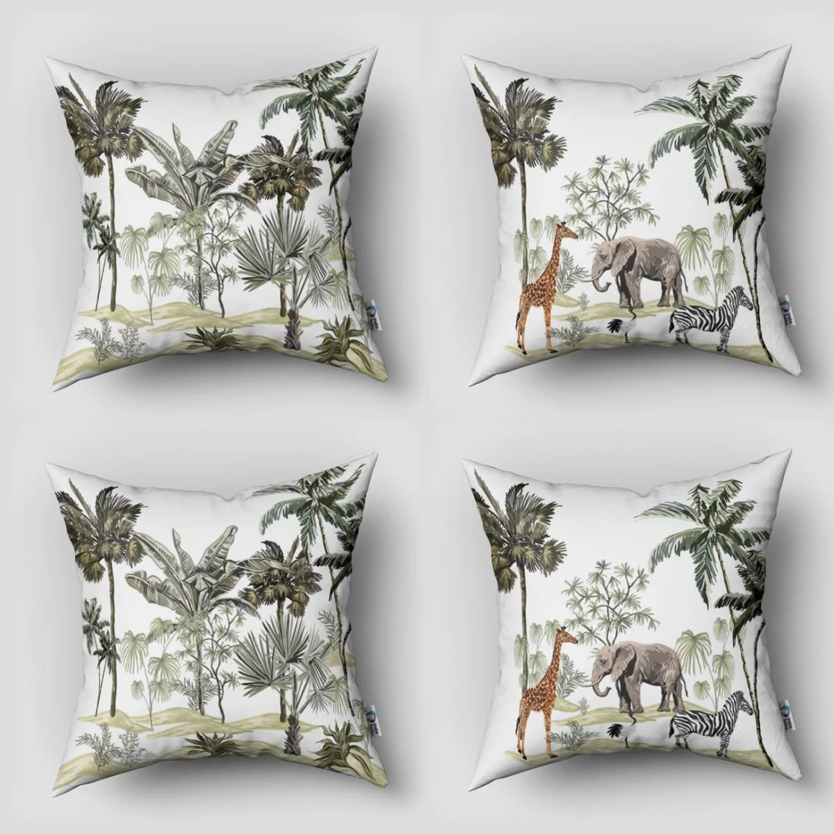 Safari Hayvanları 4lü Kırlent | Beyaz palmiye ağaçları, yeşil bitkiler Desenli