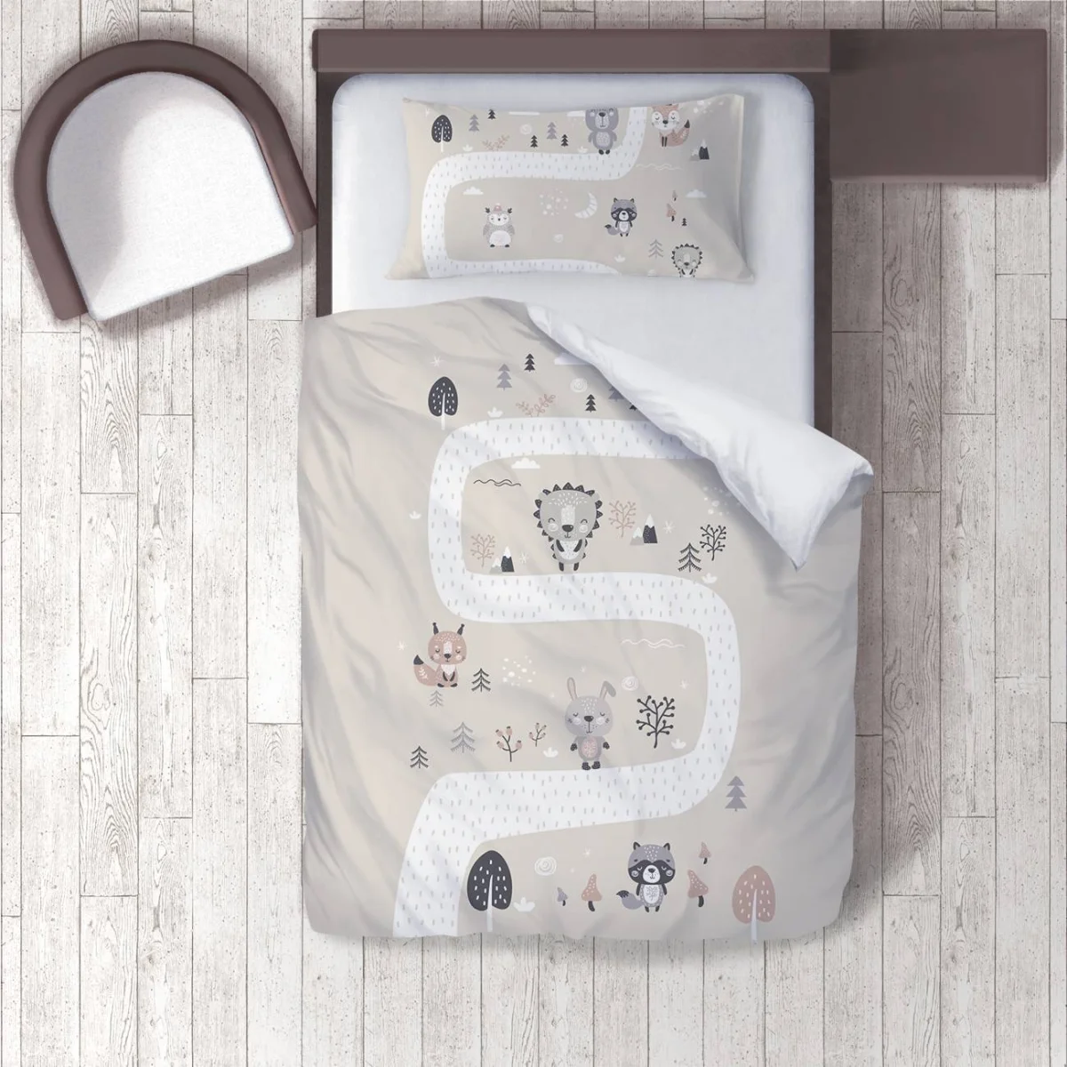 Orman Hayvanları Nevresim Takımı | Bej Yol, ağaçlar Desenli