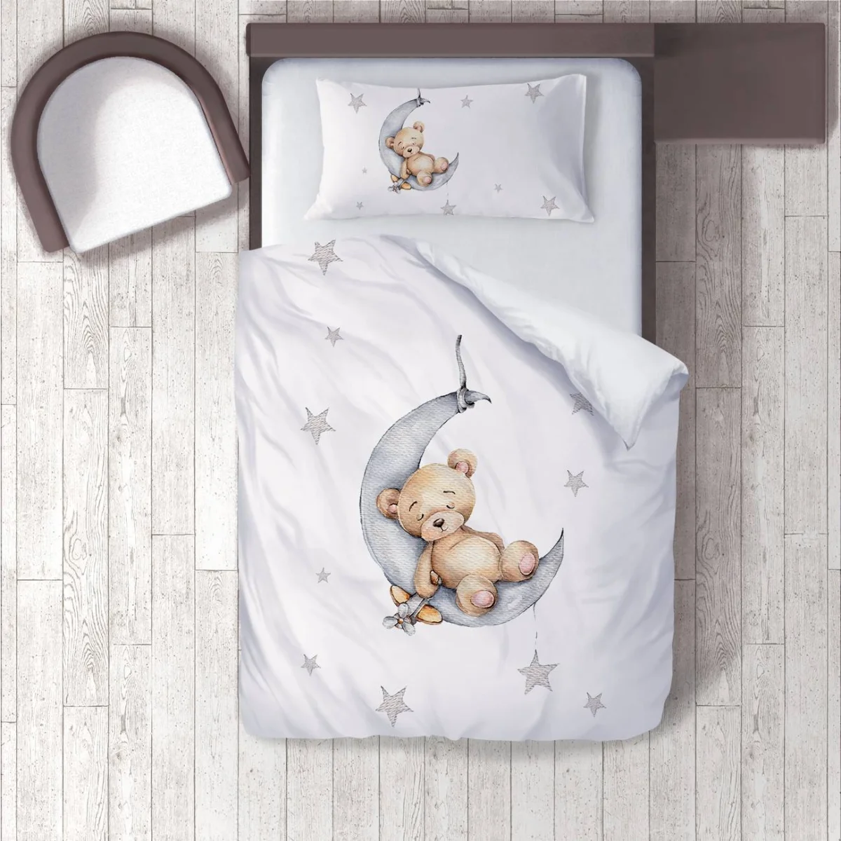 Uyuyan ayıcık ve ay Nevresim Takımı | Beyaz Yıldızlar, küçük uçak Desenli