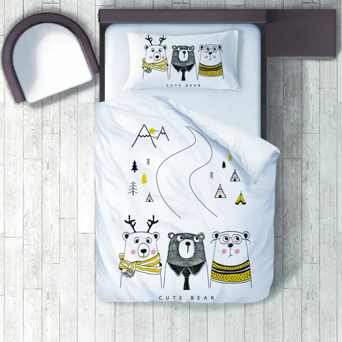 Ayılar Nevresim Takımı | Beyaz Dağlar, ağaçlar Desenli