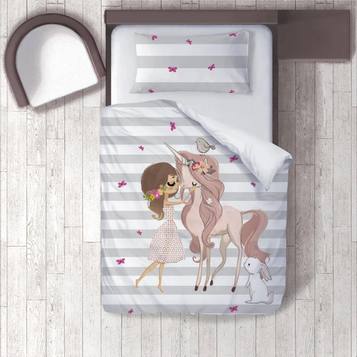 Unicorn Nevresim Takımı | Beyaz kız, kuş Desenli