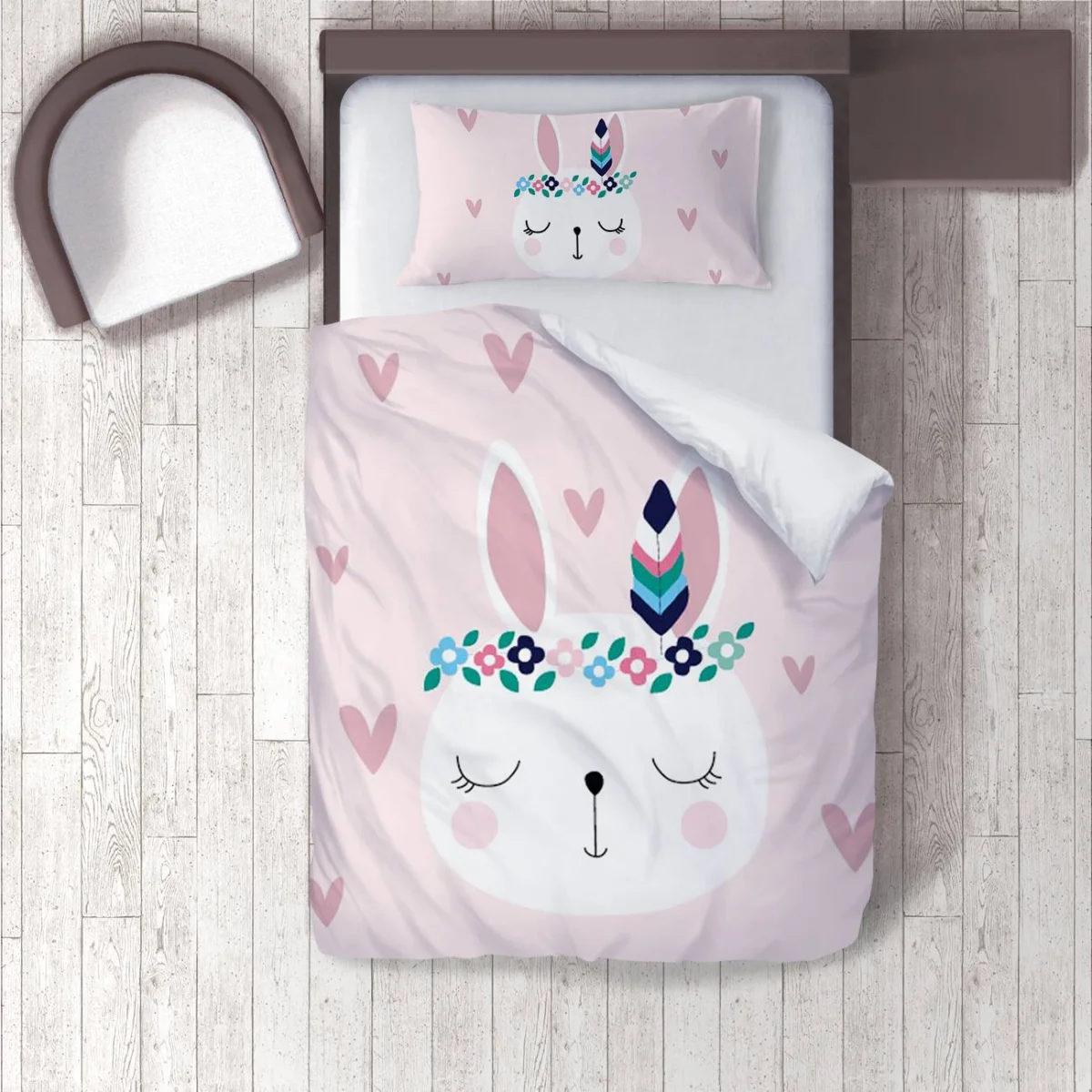 Tavşan Nevresim Takımı | Pembe Kalpler, çiçekler Desenli