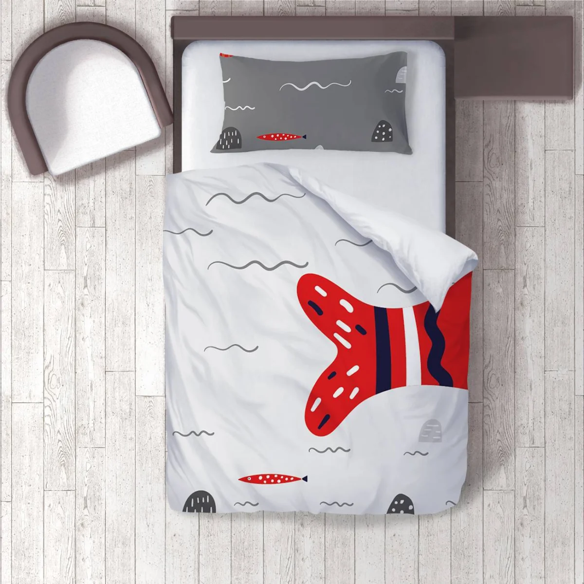 Balık Nevresim Takımı | Beyaz Dalga, küçük balık Desenli