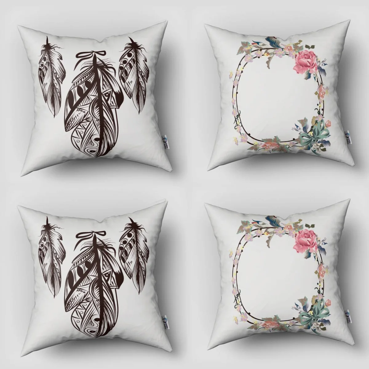 Çiçekli Düş Kapanı 4lü Kırlent | Beyaz Çiçekler, yapraklar Desenli