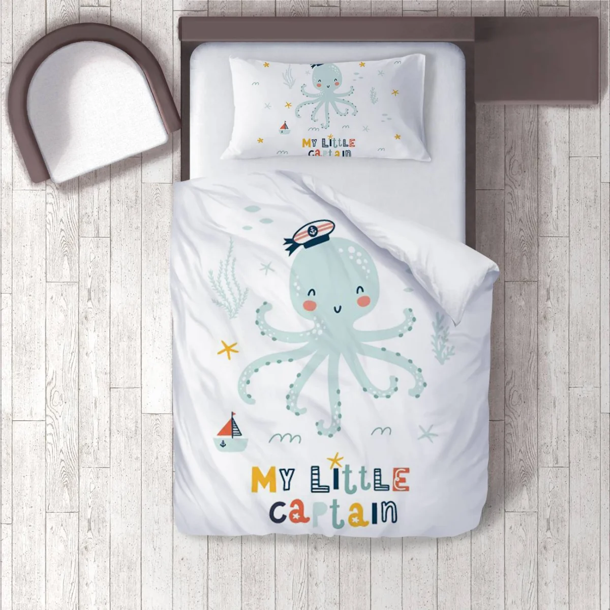 Ahtapot Nevresim Takımı | Beyaz yelkenli, deniz yıldızı Desenli