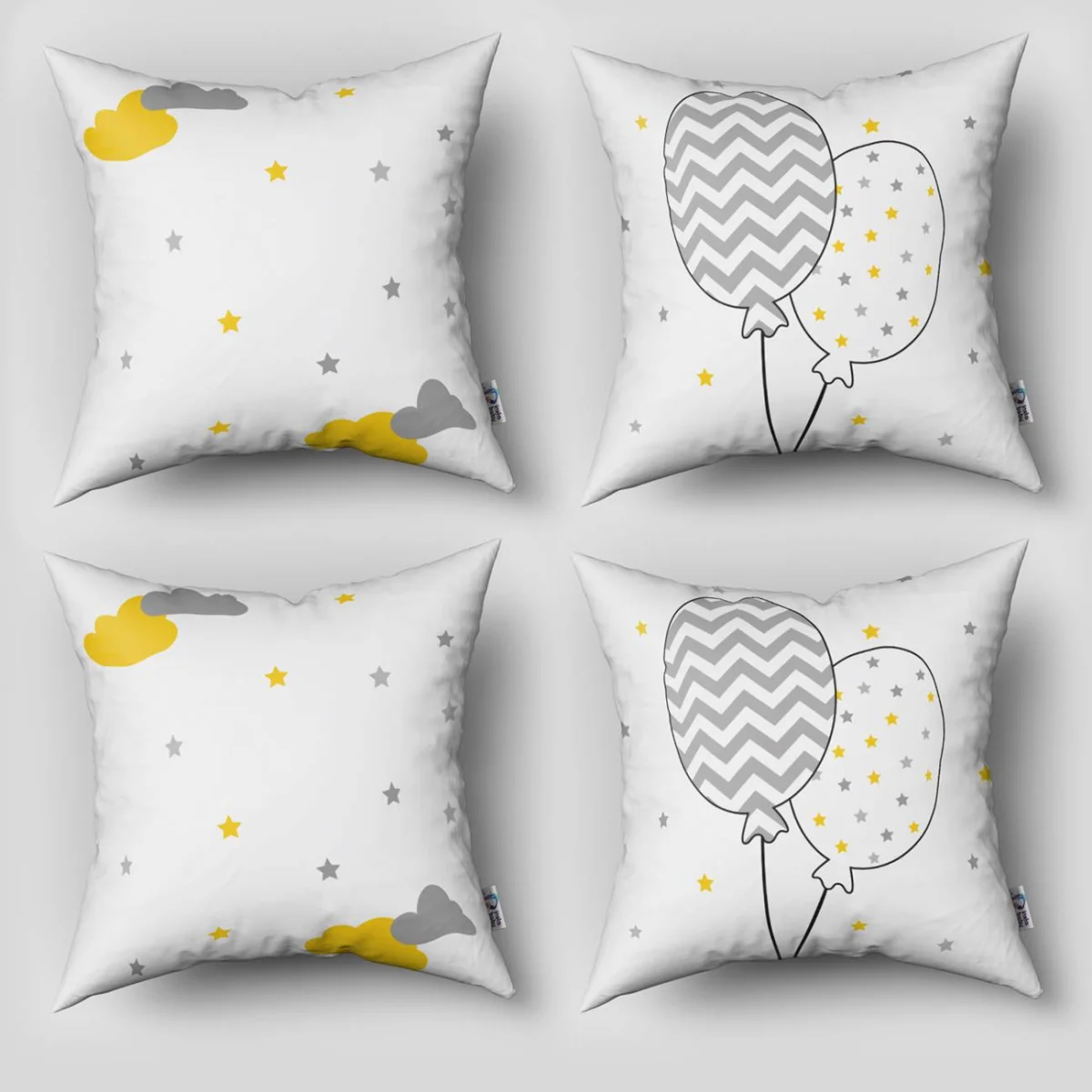 Bulutlar ve Balonlar 4lü Kırlent | Beyaz Sarı ve gri bulutlar, yıldızlar Desenli