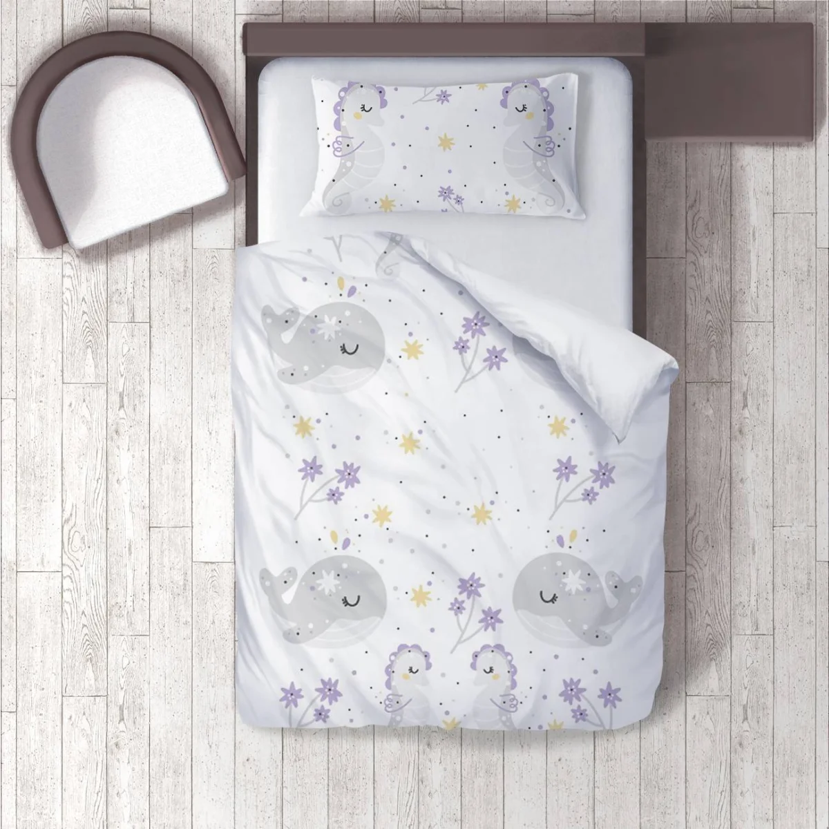 Deniz hayvanları Nevresim Takımı | Beyaz yıldız, çiçek Desenli