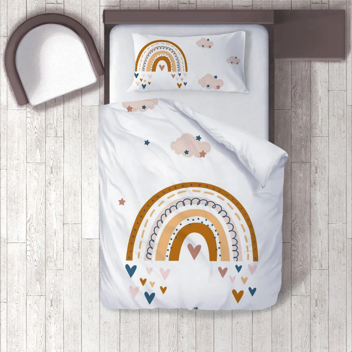 Gökkuşağı Nevresim Takımı | Beyaz gökkuşağı, bulutlar Desenli