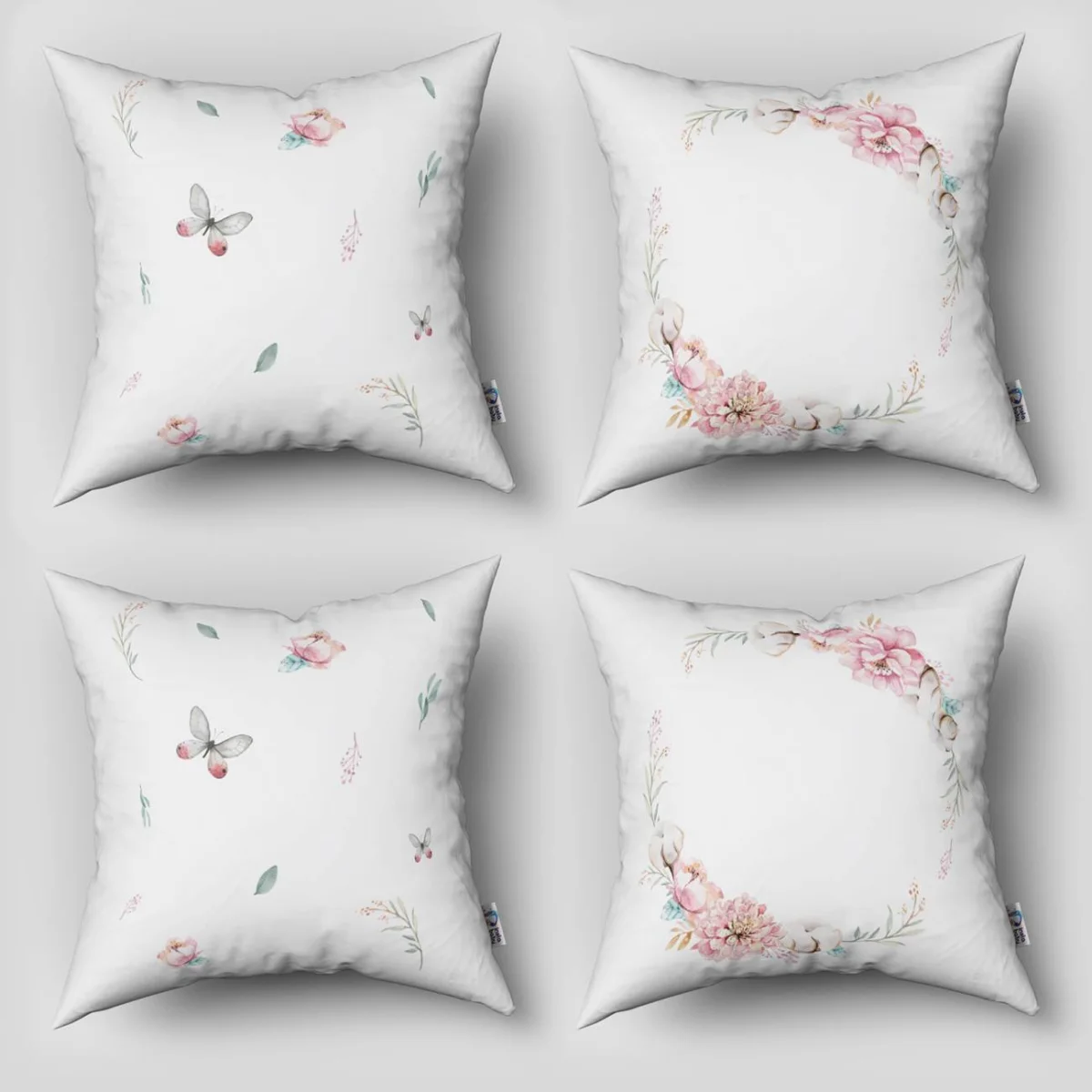 Çiçek ve kelebekler 4lü Kırlent | Beyaz Pembe çiçek, yaprak Desenli