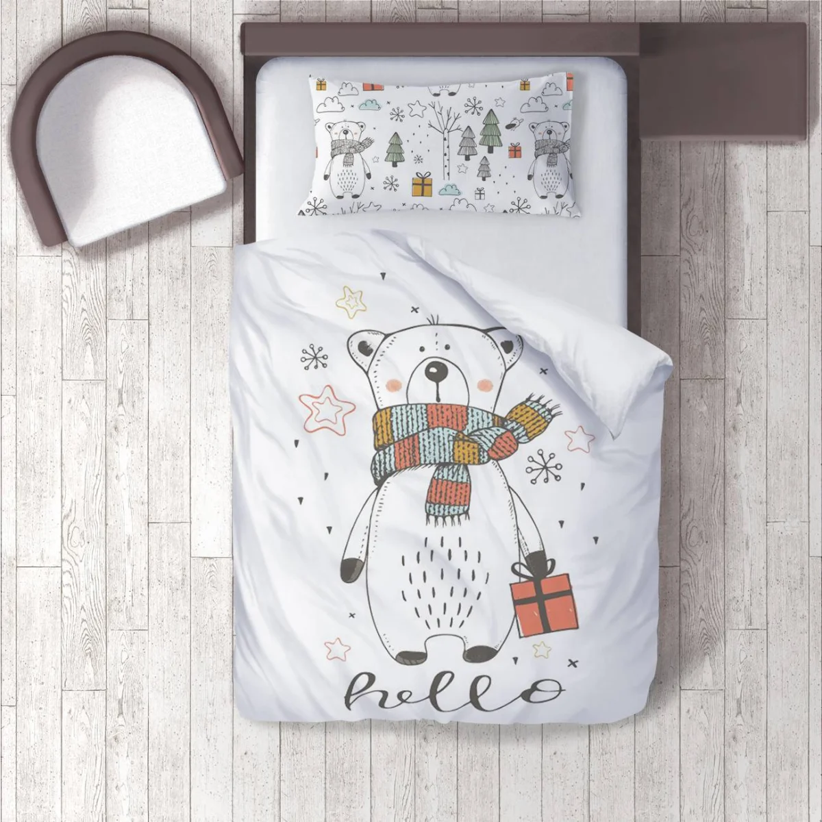 Kutup Ayısı Nevresim Takımı | Beyaz çam ağaçları, kar taneleri Desenli