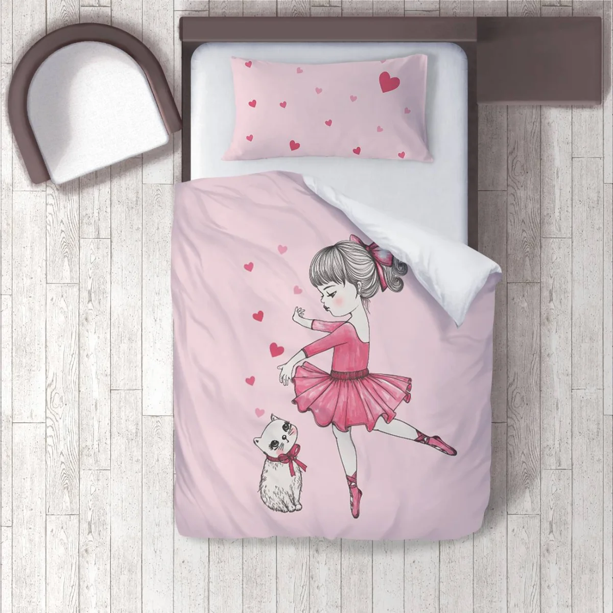 Balerin ve Kedi Nevresim Takımı | Pembe kalpler Desenli