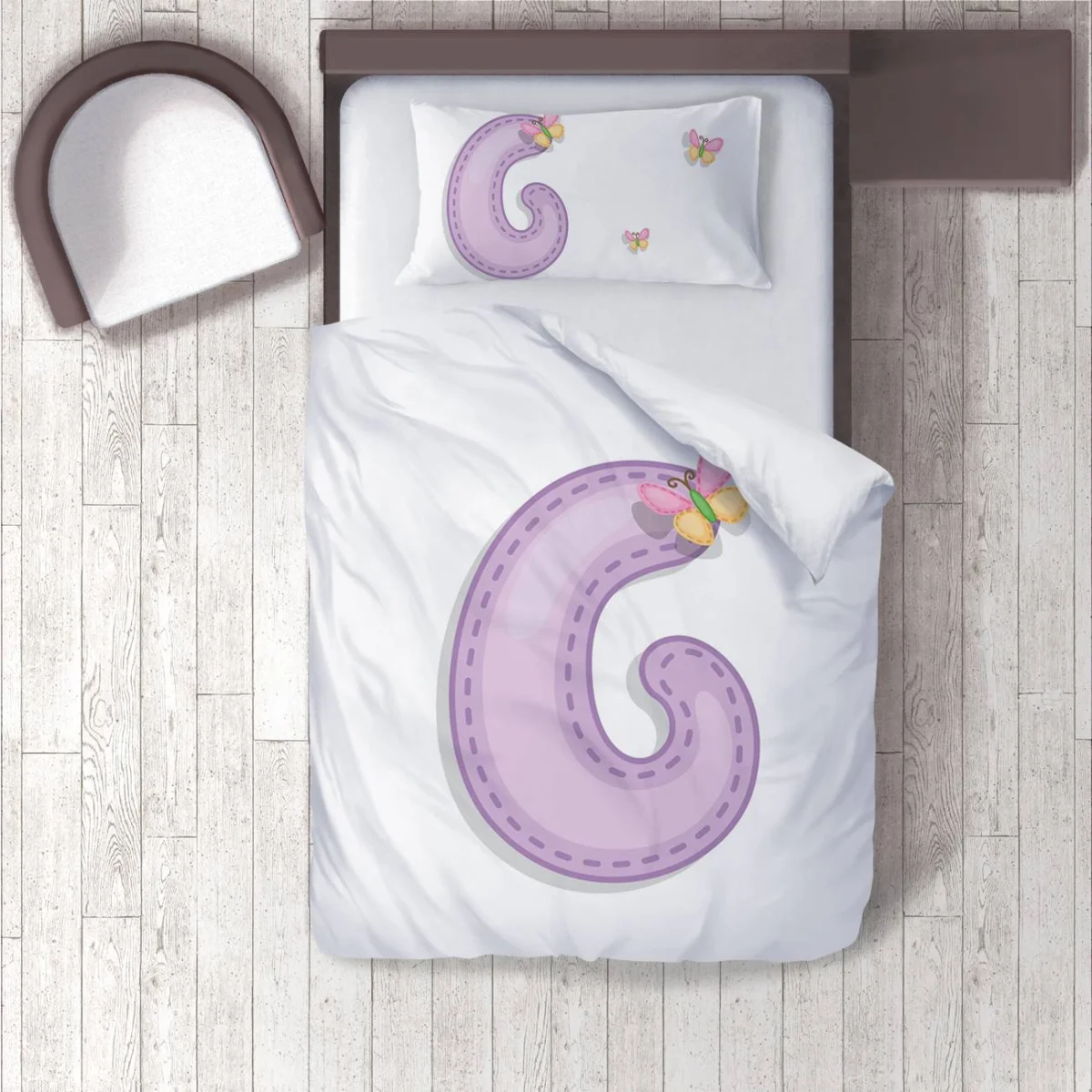 Harf ve kelebek Nevresim Takımı | Beyaz Mor G harfi, dikiş detayları Desenli