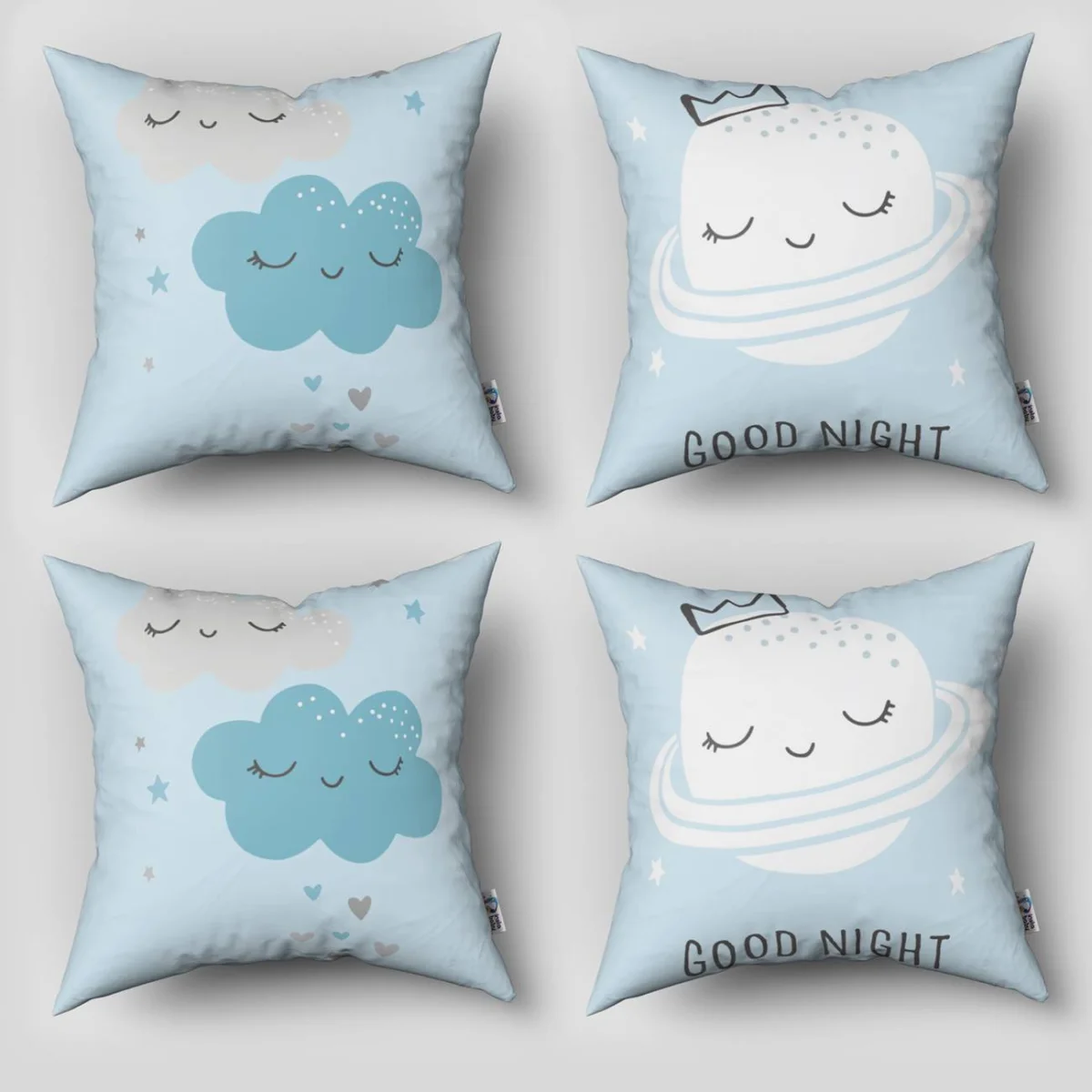 Uzay 4lü Kırlent | Mavi yıldızlar, taç Desenli